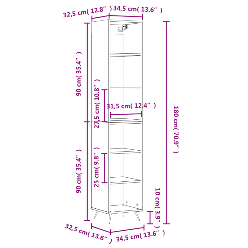 Highboard hvit 34,5x32,5x180 cm konstruert tre