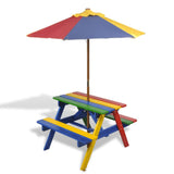 Barns piknikbord med benker og parasoll flerfarget tre