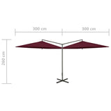 Dobbel parasoll med stålstolpe vinrød 600 cm