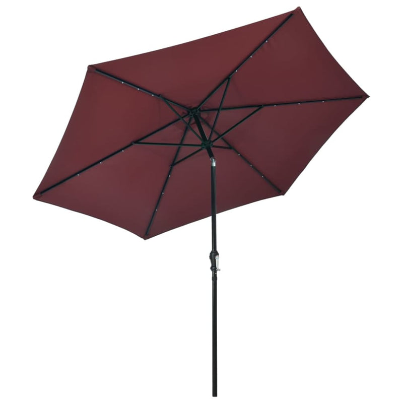 Utendørs parasoll med LED-lys og stålstang 300 cm vinrød