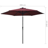 Utendørs parasoll med LED-lys og stålstang 300 cm vinrød